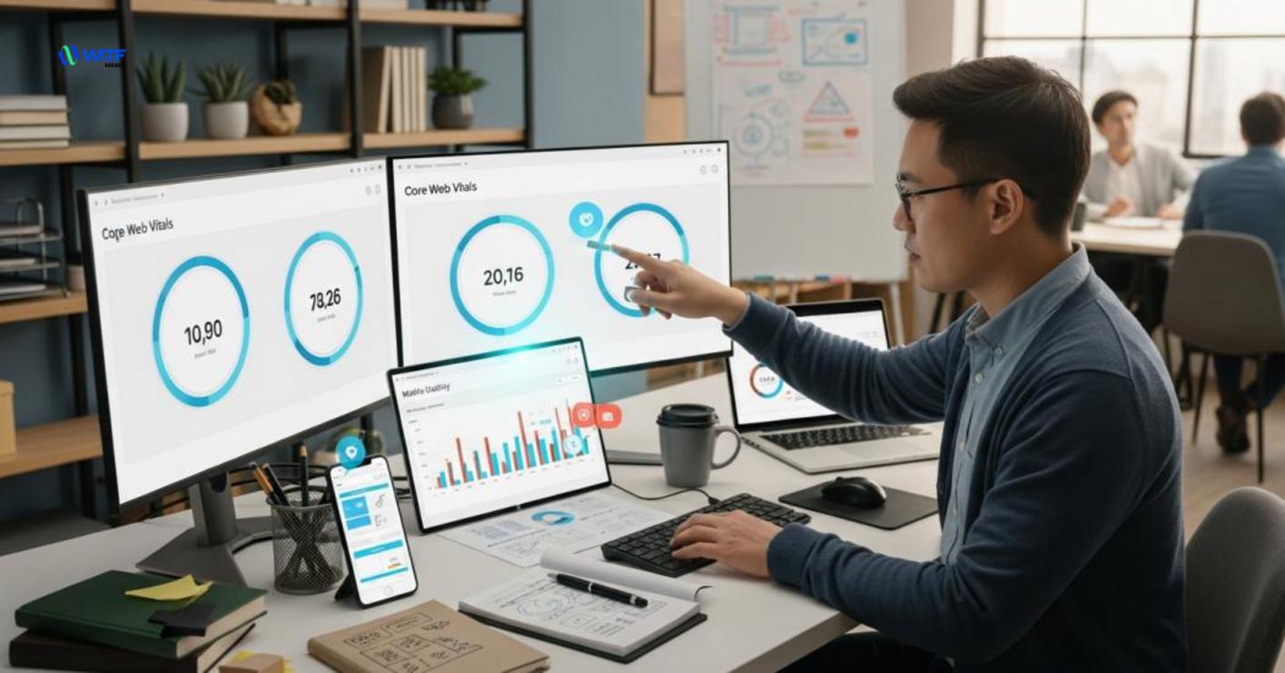 Báo cáo trải nghiệm trang tổng hợp Core Web Vitals, Mobile Usability và các tín hiệu Page Experience, cung cấp dữ liệu để đánh giá UX và hiệu suất tìm kiếm Báo cáo trải nghiệm trang tổng hợp Core Web Vitals, Mobile Usability và các tín hiệu Page Experience, cung cấp dữ liệu để đánh giá UX và hiệu suất tìm kiếm