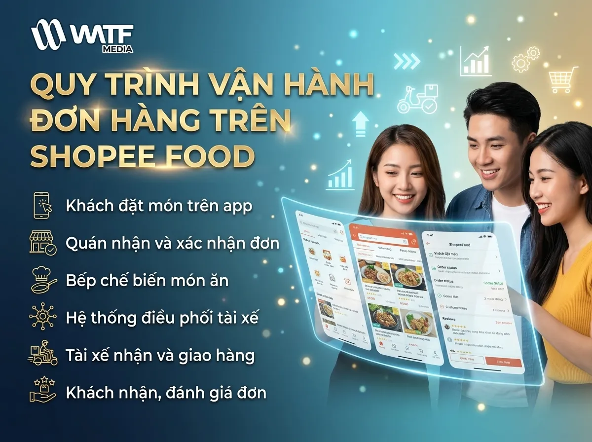 Quy trình đơn ShopeeFood bắt đầu từ khách đặt món, quán xác nhận, chế biến, giao hàng và kết thúc bằng đánh giá Quy trình đơn ShopeeFood bắt đầu từ khách đặt món, quán xác nhận, chế biến, giao hàng và kết thúc bằng đánh giá