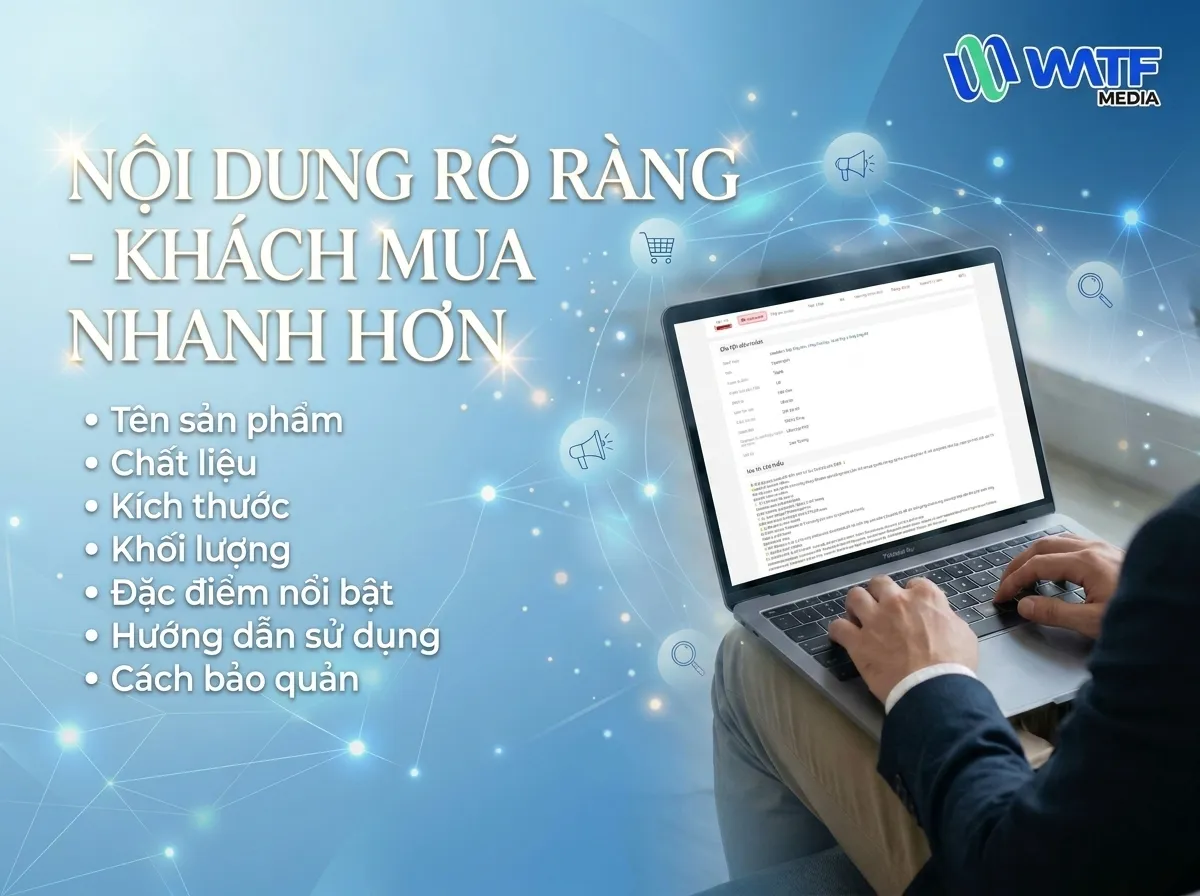Nội dung mô tả chi tiết giúp khách hiểu rõ sản phẩm, tăng độ tin cậy và thúc đẩy quyết định mua nhanh hơn Nội dung mô tả chi tiết giúp khách hiểu rõ sản phẩm, tăng độ tin cậy và thúc đẩy quyết định mua nhanh hơn