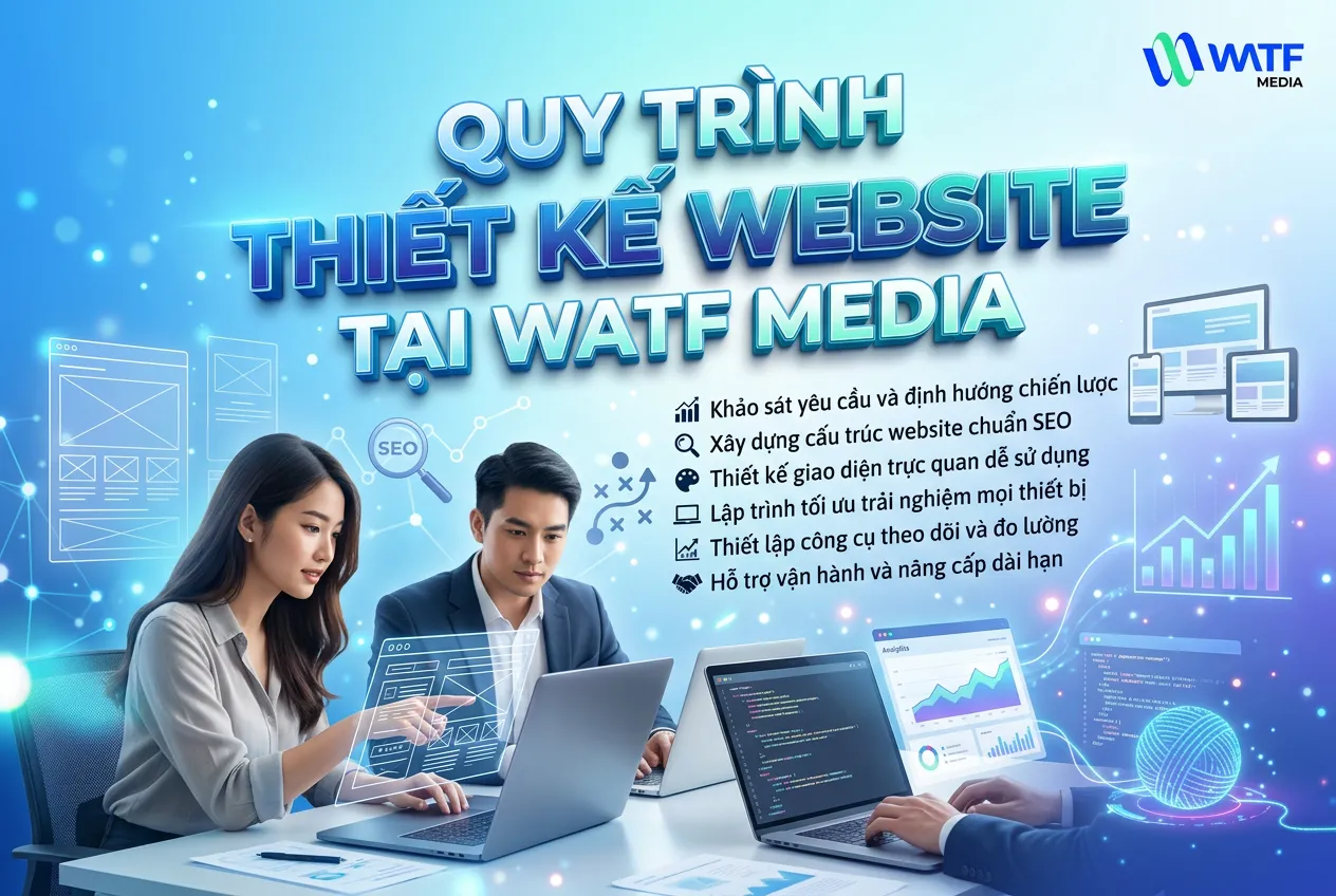 Quy trình thiết kế website tại WATF MEDIA gồm tư vấn, thiết kế, lập trình và bàn giao, đảm bảo hiệu quả vận hành lâu dài