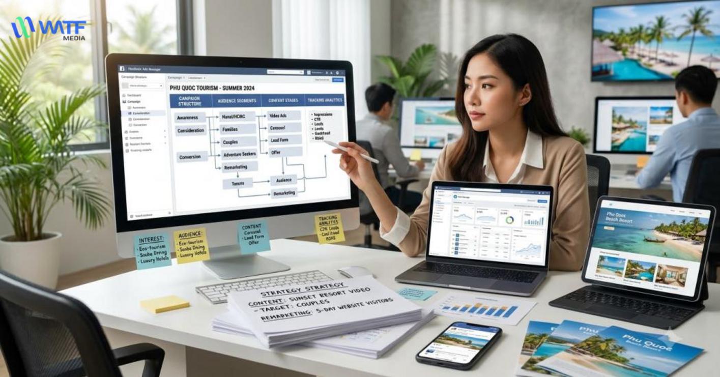 Cấu trúc quảng cáo gồm mục tiêu, khách hàng, ngân sách và đo lường